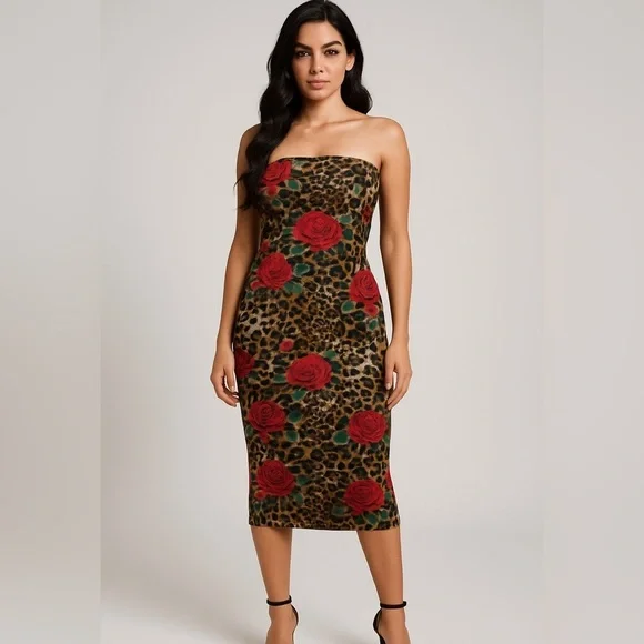 DNA Couture Leopard Print Strapless Midi Dress with Red Rose Accents - Medium - Picture 12 of 16